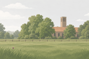A retreat centre in a flat Dutch landscape, a brick building with a slender tower surrounded by trees and meadows.