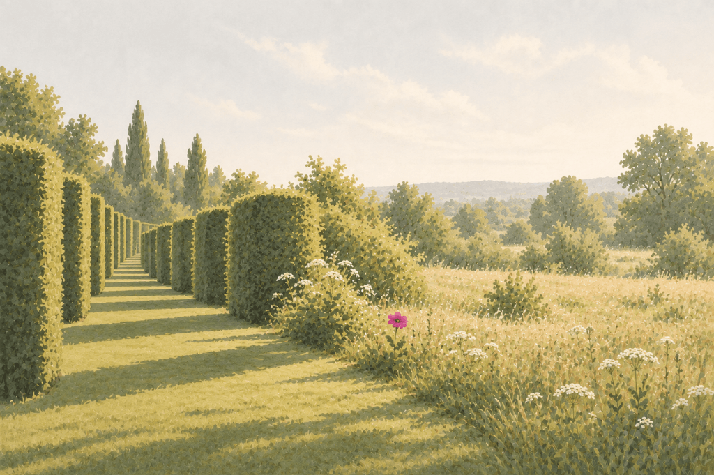 Rigidly clipped hedges loosening into open natural growth, evoking relief from OCD with psilocybin