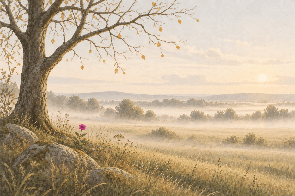 A lone tree with a few last leaves beside a calm misty field, evoking grief and gentle healing with psilocybin