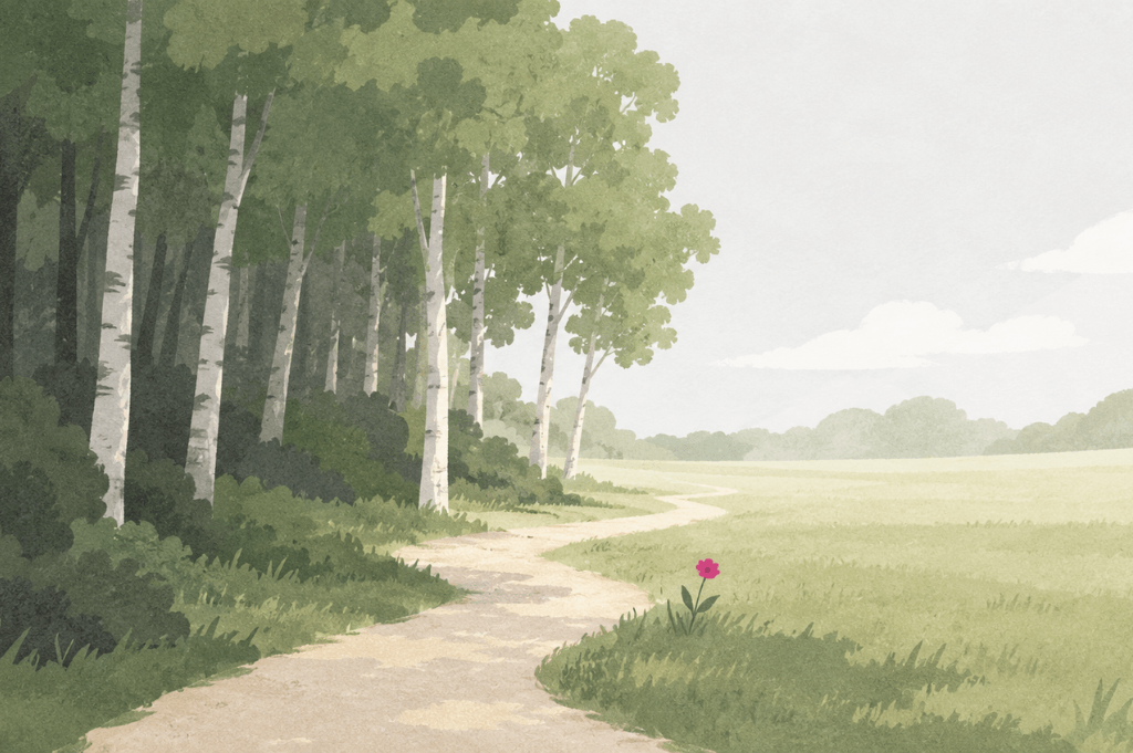 A sand path leading out of a dense forest into a bright open clearing, illustrating a shift towards mental clarity.