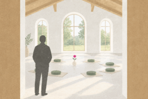 An adult stands in the doorway of a quiet retreat hall, looking at an empty circle of seats and considering whether a psychedelic retreat is right for them.