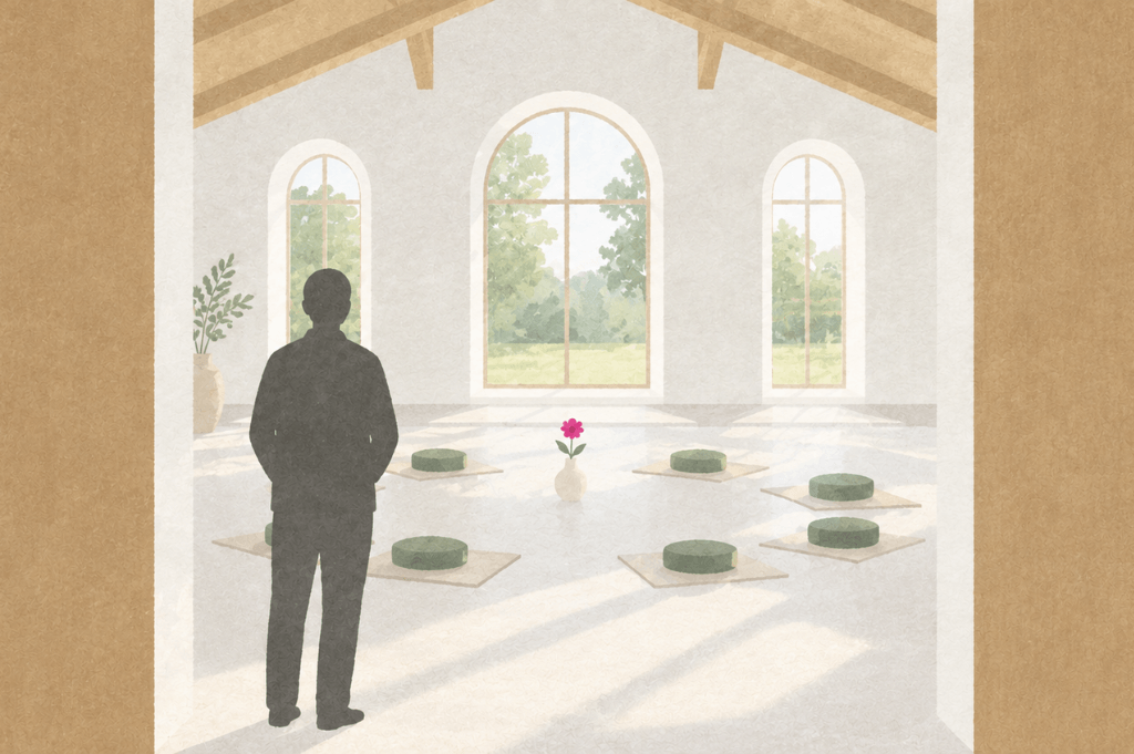 An adult stands in the doorway of a quiet retreat hall, looking at an empty circle of seats and considering whether a psychedelic retreat is right for them.