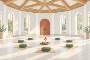 The octagonal ceremony hall at the Essence retreat centre with a star-beamed ceiling and a circle of chairs, set for a three-day psilocybin retreat
