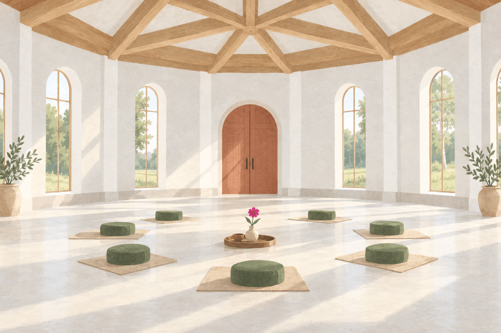 The octagonal ceremony hall at the Essence retreat centre with a star-beamed ceiling and a circle of chairs, set for a three-day psilocybin retreat