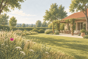 The garden and brick veranda of the Essence retreat centre with a wildflower border, inviting guests to a hallucinogenic retreat
