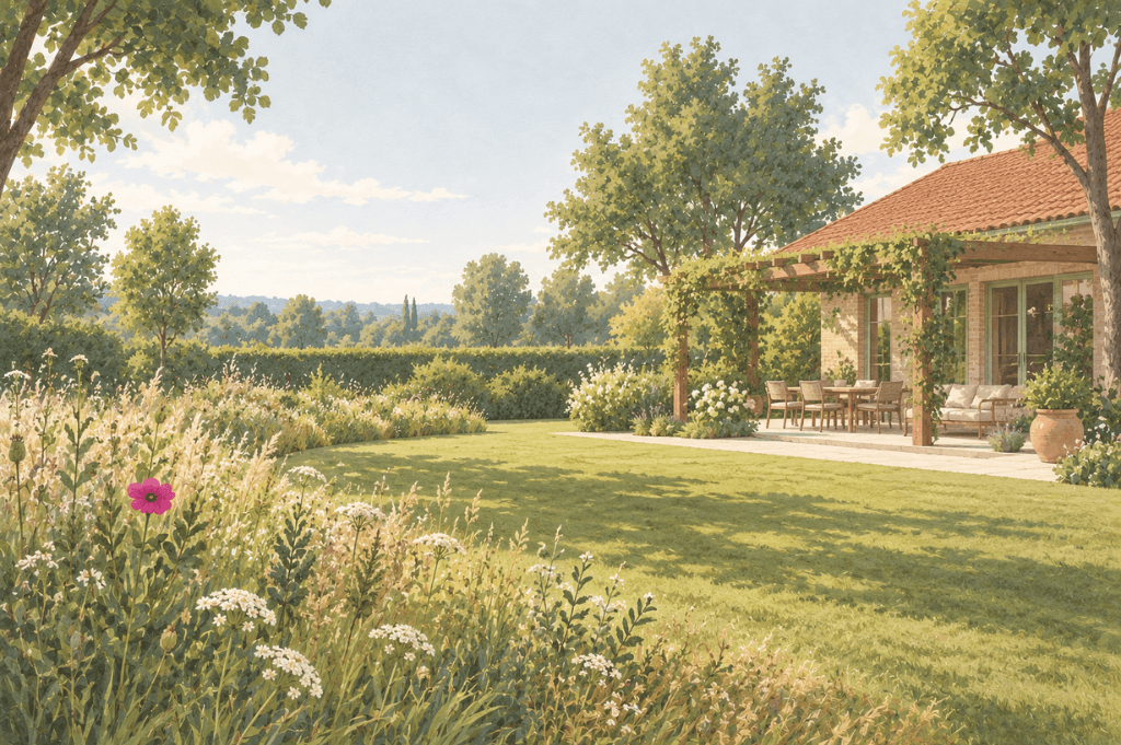 The garden and brick veranda of the Essence retreat centre with a wildflower border, inviting guests to a hallucinogenic retreat