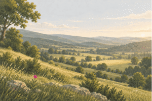 A quiet hillside overlooking a green valley in soft light, evoking the reflection inspired by psychedelics documentaries