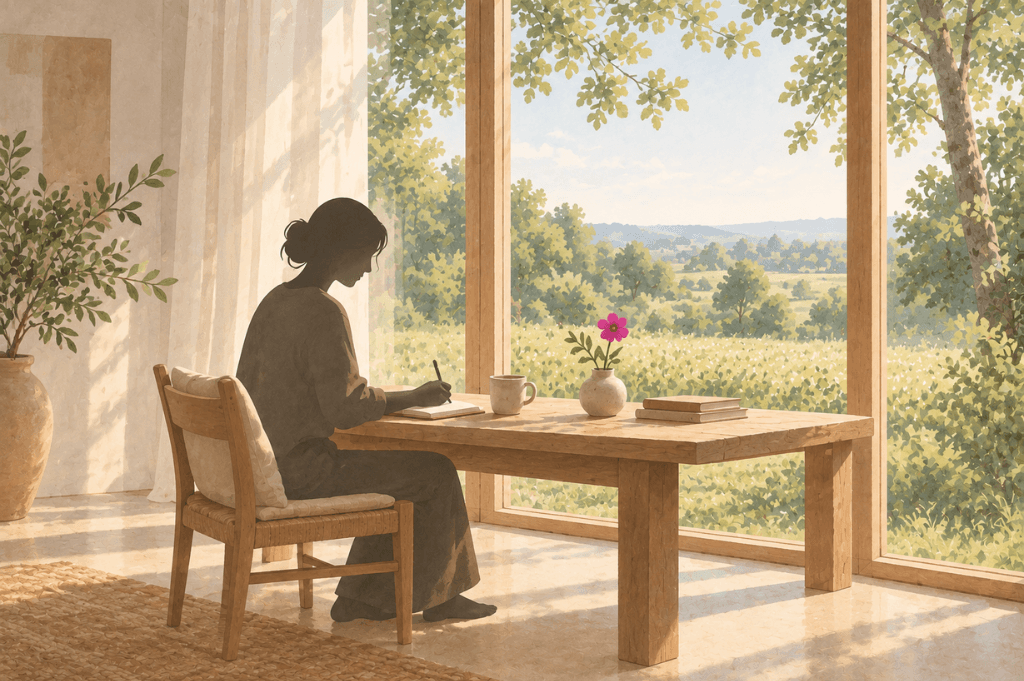 A person writes in a notebook by a sunlit window overlooking green fields, reflecting on psilocybin integration