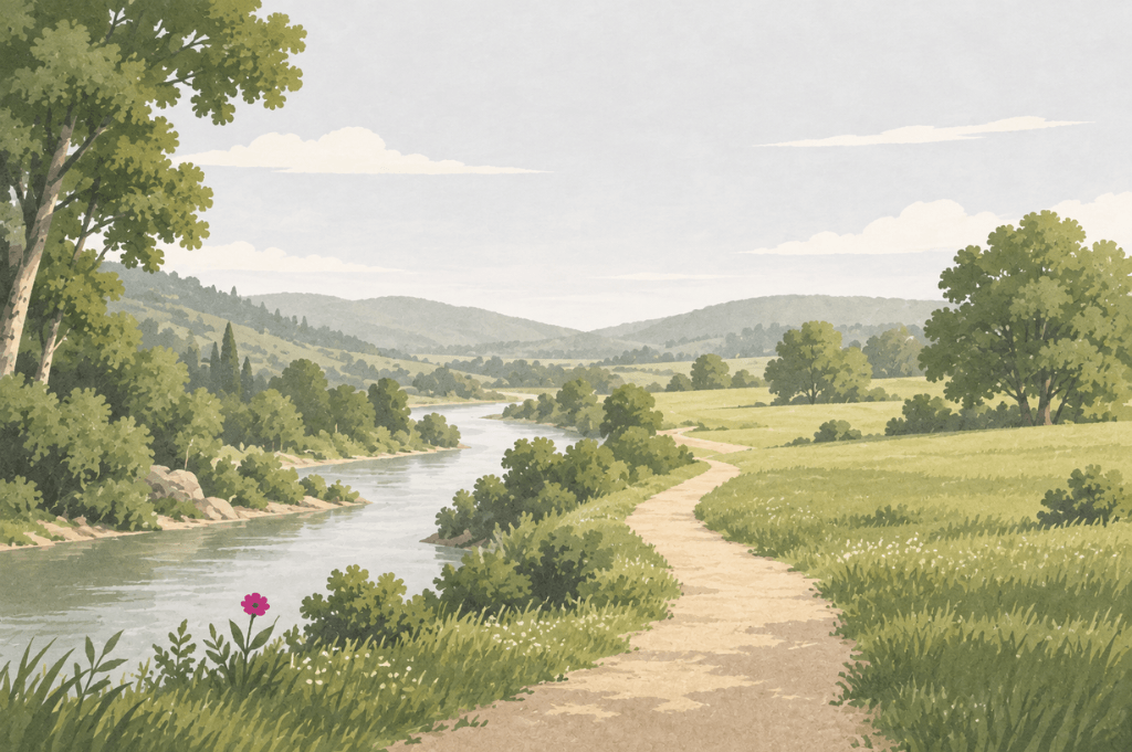 A quiet river winding through a green valley beside a path, comparing ayahuasca and psilocybin