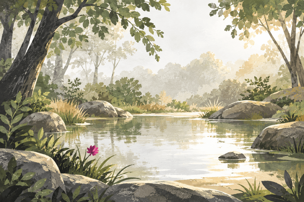 A still forest pool among rocks and trees in soft light, evoking the calm of a psychedelic experience