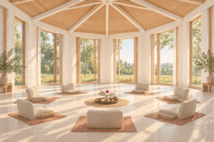 An octagonal hall with a wooden ceiling and a circle of meditation cushions