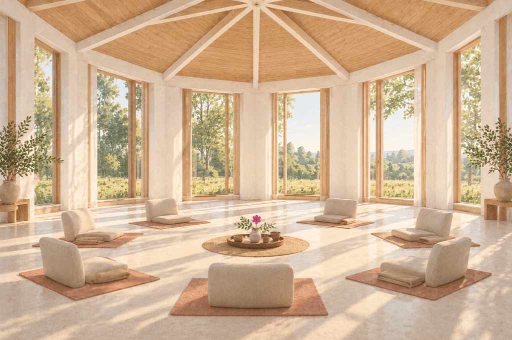 An octagonal hall with a wooden ceiling and a circle of meditation cushions