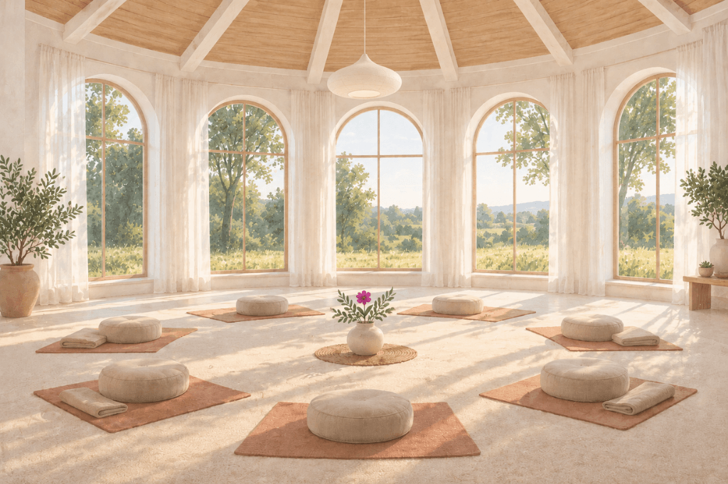 A light hall with arched windows and a circle of seats around a small centrepiece, showing what to expect from a psychedelic retreat