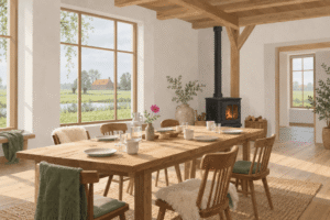 A long wooden table set for a shared meal in a Dutch farmhouse, showing what is included in the cost of a psilocybin retreat.