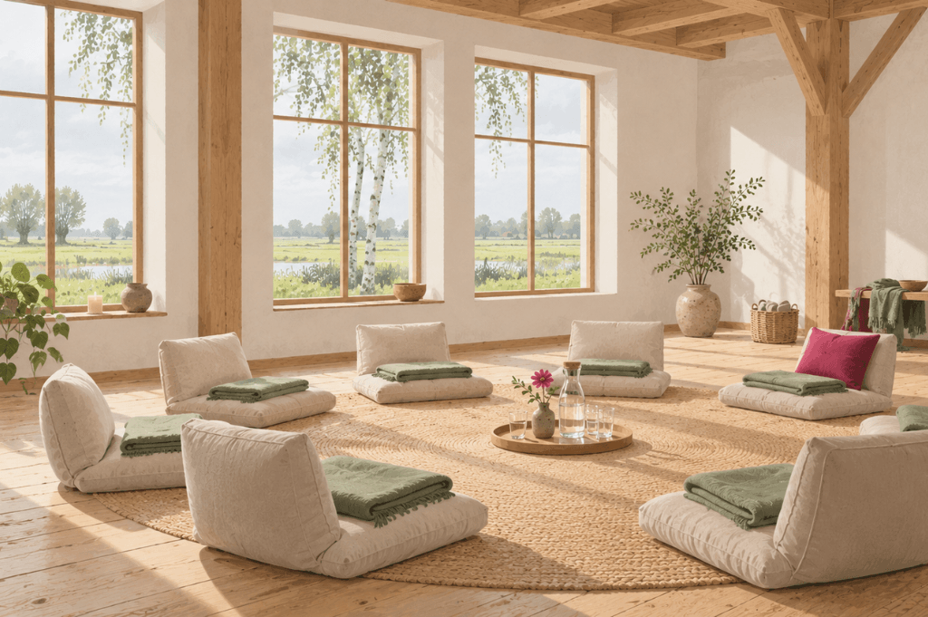 An empty circle of seats with folded blankets in a light Dutch farmhouse room, prepared with care before a psilocybin ceremony.